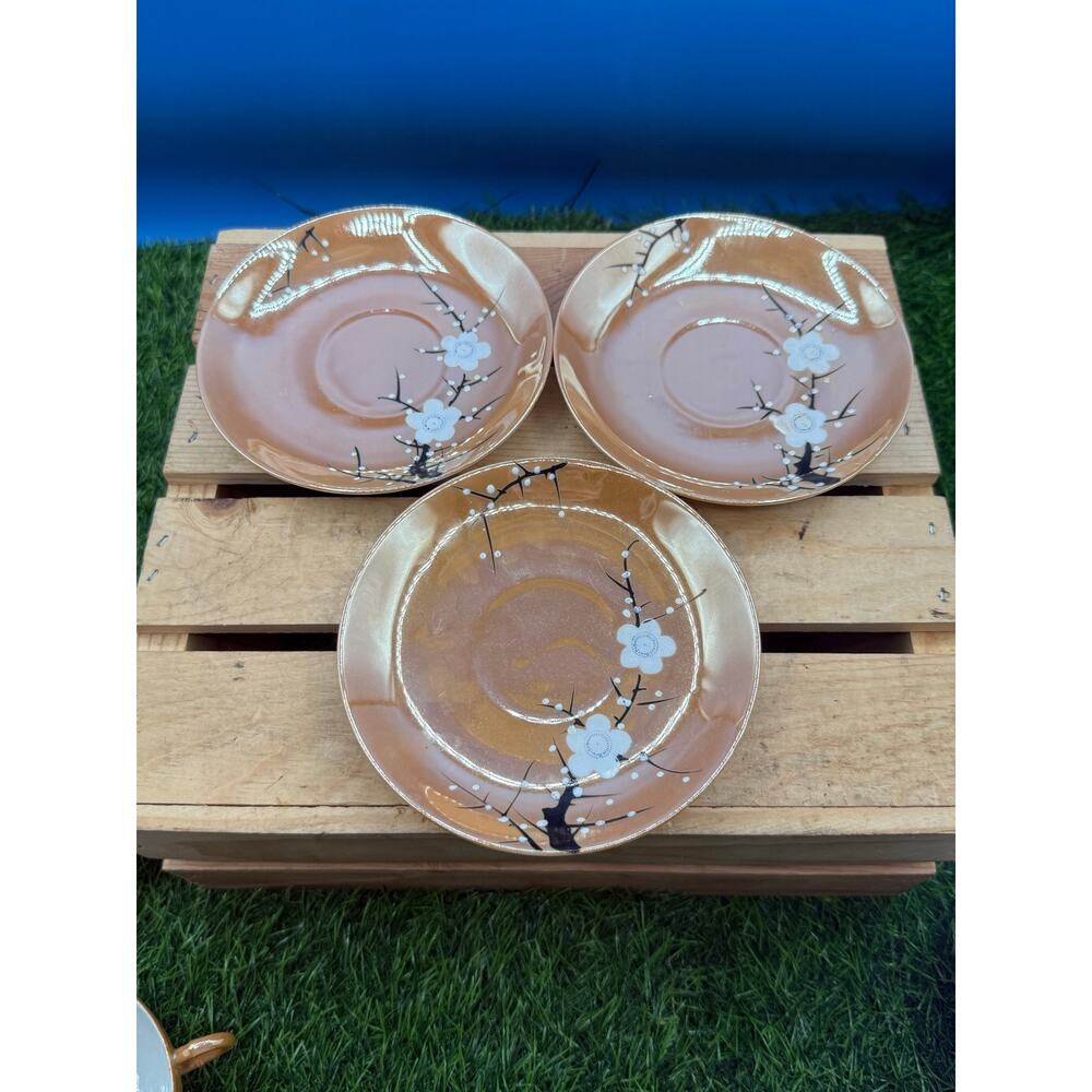 Vintage Japanese Lustreware Cherry Blossom Tea Cups & Saucers - Set of 3 - Picture 3 of 8